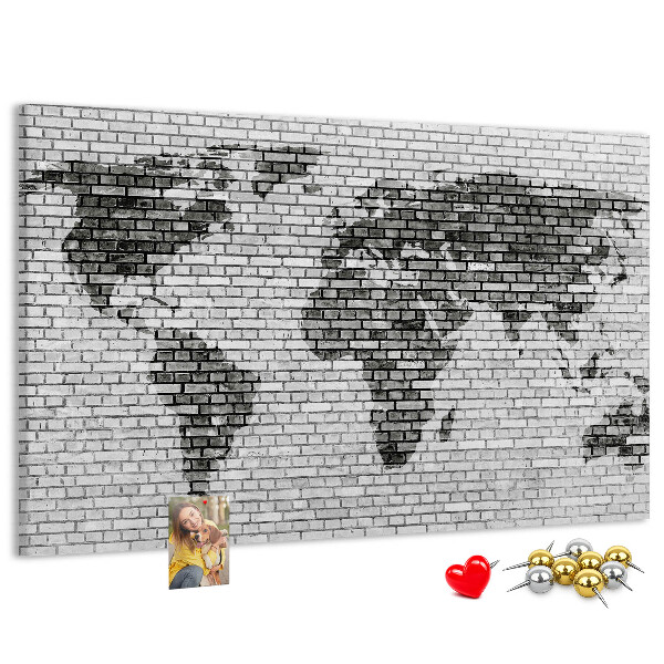 Tableau en liège Carte du monde sur un mur de briques