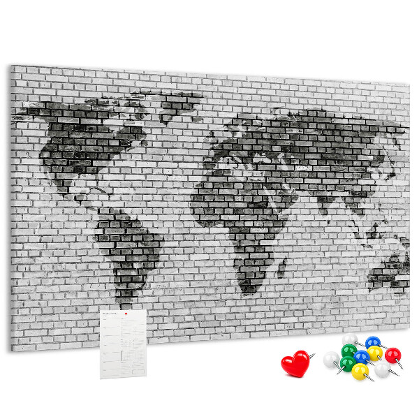 Tableau en liège Carte du monde sur un mur de briques