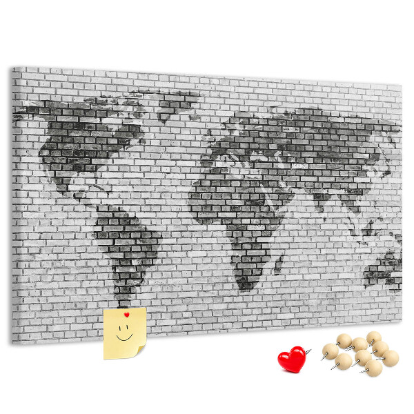 Tableau en liège Carte du monde sur un mur de briques