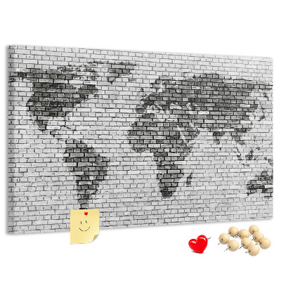 Tableau en liège Carte du monde sur un mur de briques