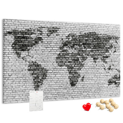 Tableau en liège Carte du monde sur un mur de briques