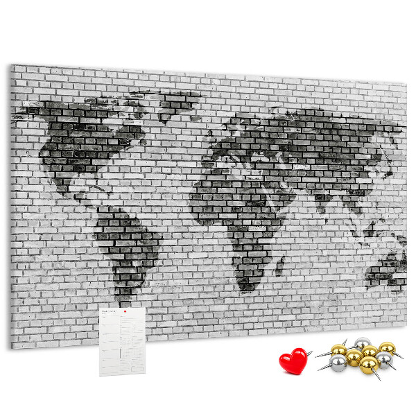 Tableau en liège Carte du monde sur un mur de briques