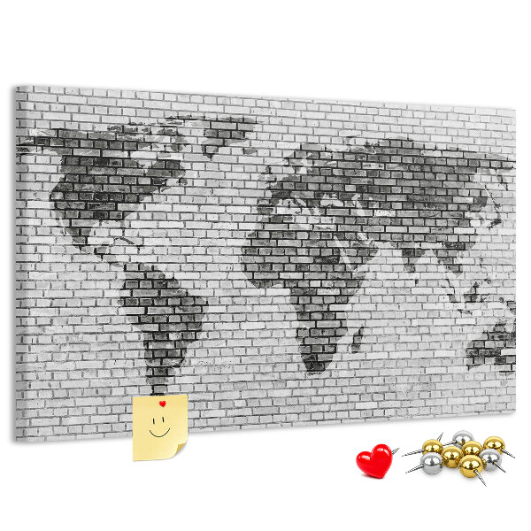 Tableau en liège Carte du monde sur un mur de briques