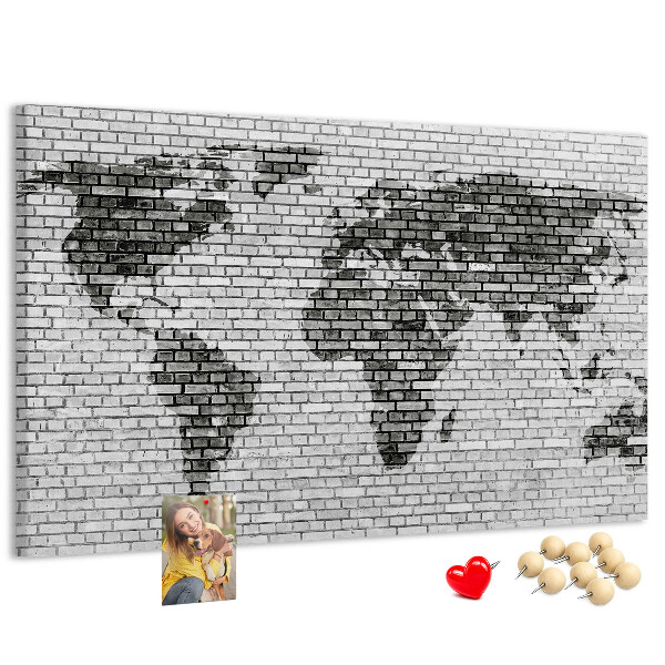 Tableau en liège Carte du monde sur un mur de briques