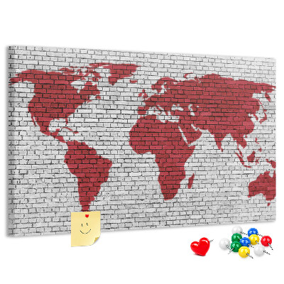 Tableau affichage liège Contour rouge du monde sur un mur de briques