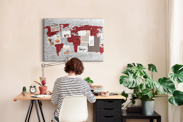 Tableau affichage liège Contour rouge du monde sur un mur de briques
