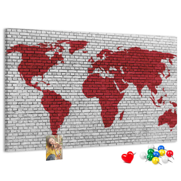 Tableau affichage liège Contour rouge du monde sur un mur de briques