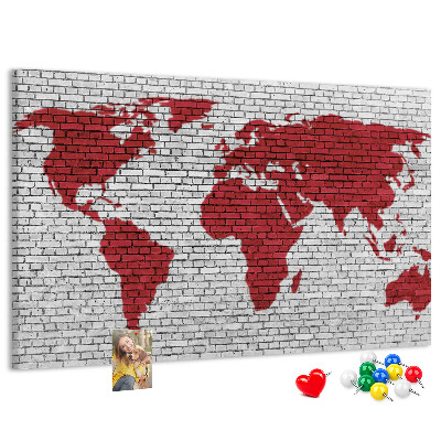 Tableau affichage liège Contour rouge du monde sur un mur de briques