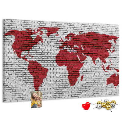 Tableau affichage liège Contour rouge du monde sur un mur de briques
