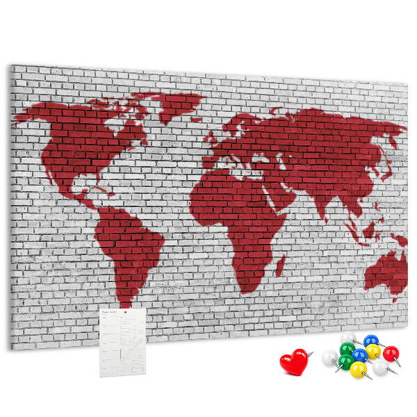 Tableau affichage liège Contour rouge du monde sur un mur de briques