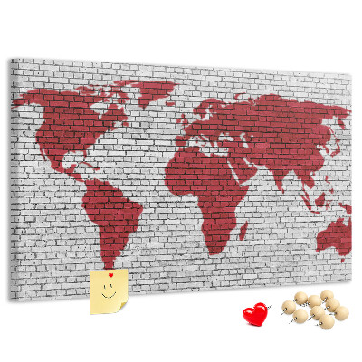 Tableau affichage liège Contour rouge du monde sur un mur de briques