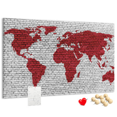 Tableau affichage liège Contour rouge du monde sur un mur de briques