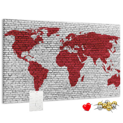 Tableau affichage liège Contour rouge du monde sur un mur de briques