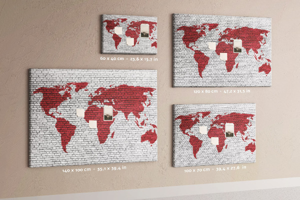 Tableau affichage liège Contour rouge du monde sur un mur de briques