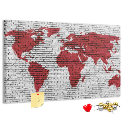 Tableau affichage liège Contour rouge du monde sur un mur de briques