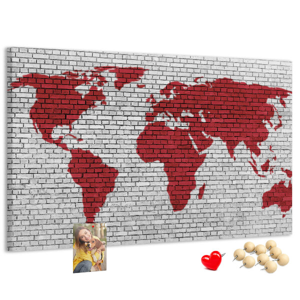 Tableau affichage liège Contour rouge du monde sur un mur de briques