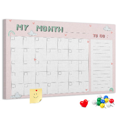 Tableau de liège Calendrier rose avec des nuages ​​et des cœurs