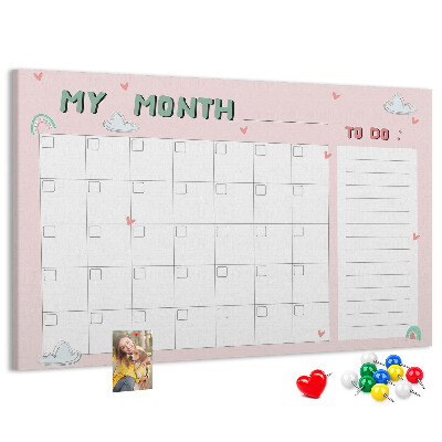 Tableau de liège Calendrier rose avec des nuages et des cœurs