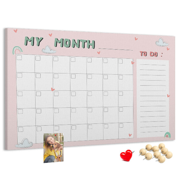 Tableau de liège Calendrier rose avec des nuages et des cœurs