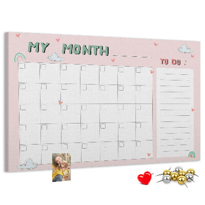 Tableau de liège Calendrier rose avec des nuages et des cœurs