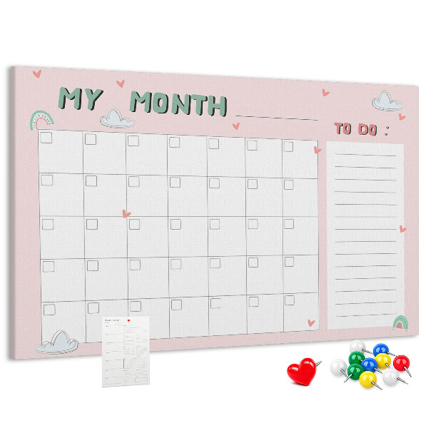 Tableau de liège Calendrier rose avec des nuages et des cœurs