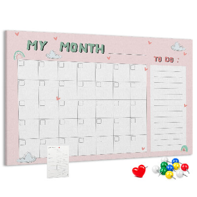 Tableau de liège Calendrier rose avec des nuages et des cœurs