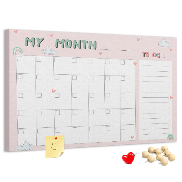 Tableau de liège Calendrier rose avec des nuages et des cœurs