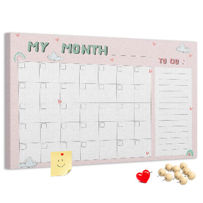 Tableau de liège Calendrier rose avec des nuages et des cœurs