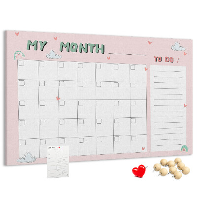 Tableau de liège Calendrier rose avec des nuages et des cœurs
