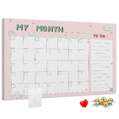 Tableau de liège Calendrier rose avec des nuages et des cœurs
