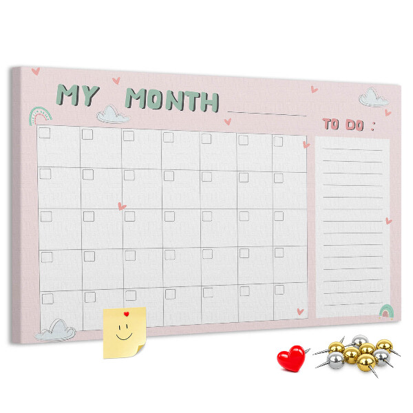 Tableau de liège Calendrier rose avec des nuages et des cœurs