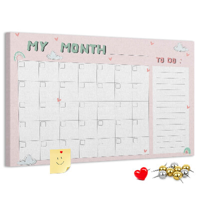 Tableau de liège Calendrier rose avec des nuages et des cœurs