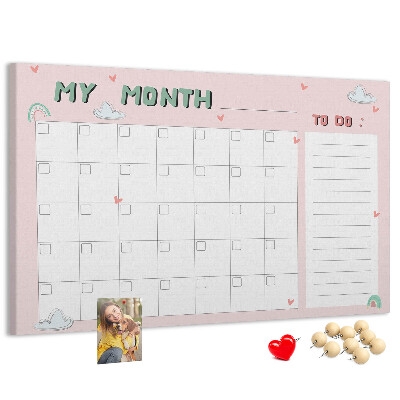 Tableau de liège Calendrier rose avec des nuages et des cœurs