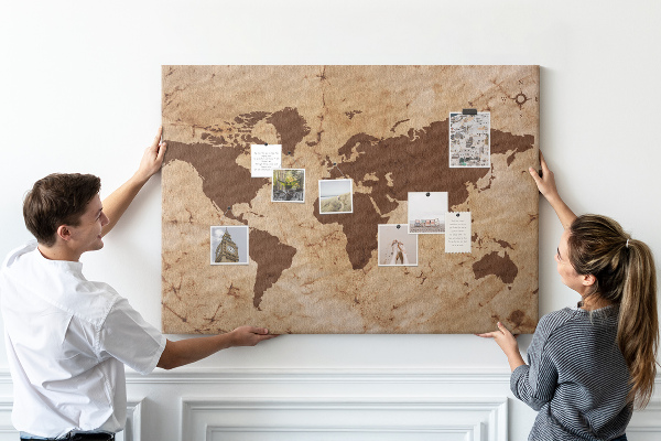 Tableau en liège Carte du monde antique sur fond brun