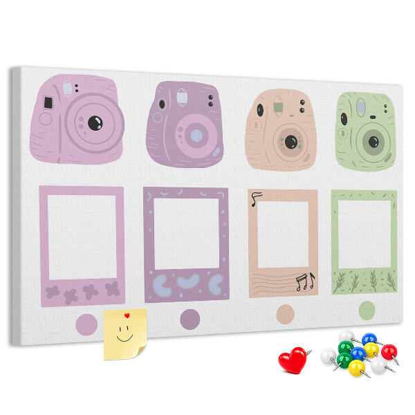 Tableau de liège appareils photo colorés aux teintes pastel