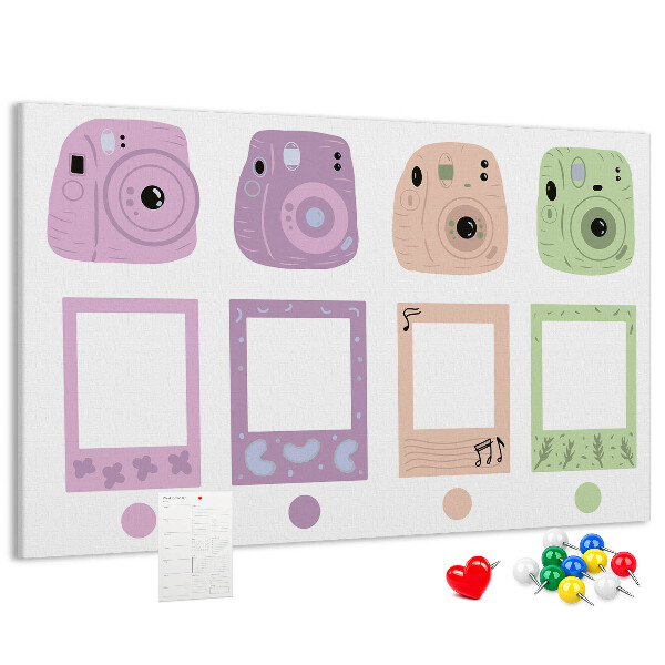 Tableau de liège appareils photo colorés aux teintes pastel