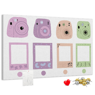 Tableau de liège appareils photo colorés aux teintes pastel
