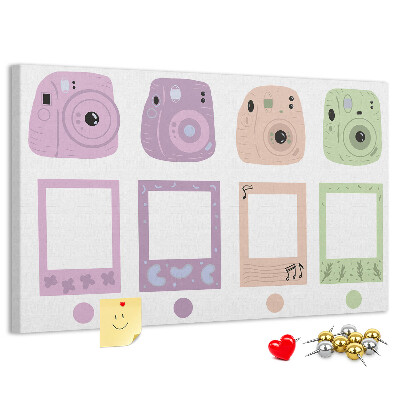 Tableau de liège appareils photo colorés aux teintes pastel