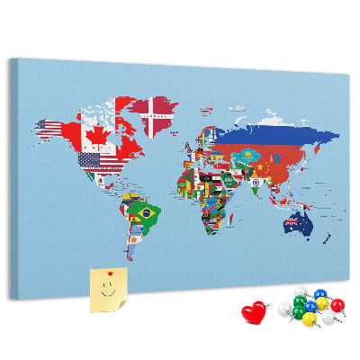 Tableau affichage liège Carte du monde avec les drapeaux des pays