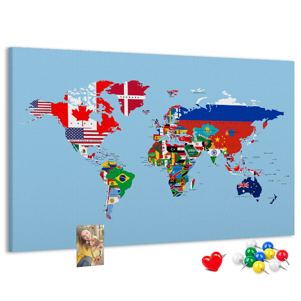 Tableau affichage liège Carte du monde avec les drapeaux des pays