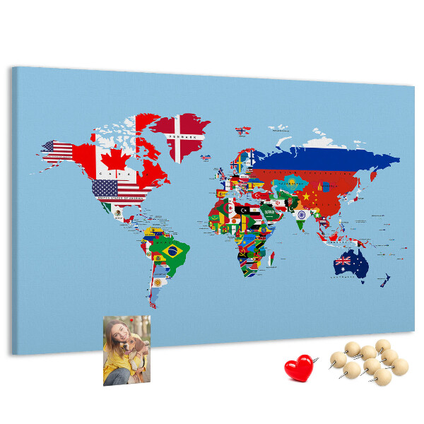 Tableau affichage liège Carte du monde avec les drapeaux des pays