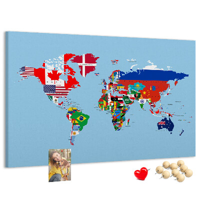 Tableau affichage liège Carte du monde avec les drapeaux des pays