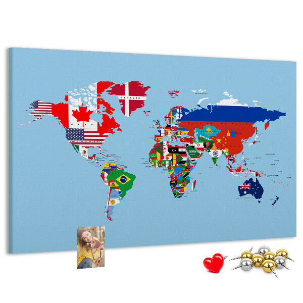 Tableau affichage liège Carte du monde avec les drapeaux des pays