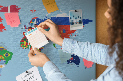 Tableau affichage liège Carte du monde avec les drapeaux des pays