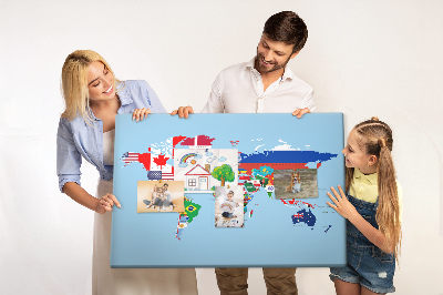 Tableau affichage liège Carte du monde avec les drapeaux des pays
