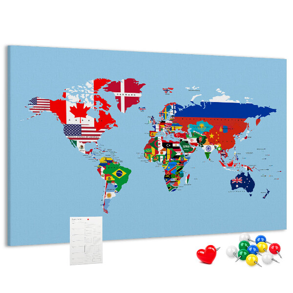 Tableau affichage liège Carte du monde avec les drapeaux des pays