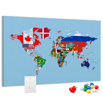 Tableau affichage liège Carte du monde avec les drapeaux des pays