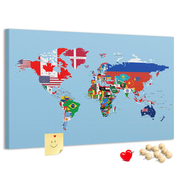 Tableau affichage liège Carte du monde avec les drapeaux des pays