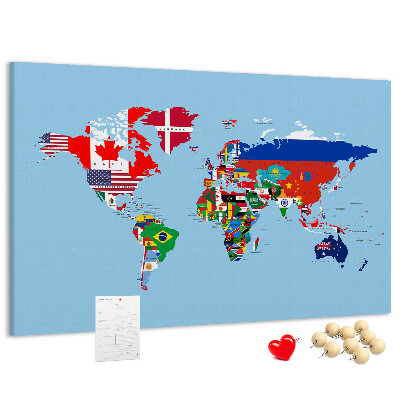 Tableau affichage liège Carte du monde avec les drapeaux des pays