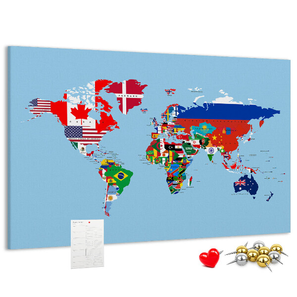 Tableau affichage liège Carte du monde avec les drapeaux des pays